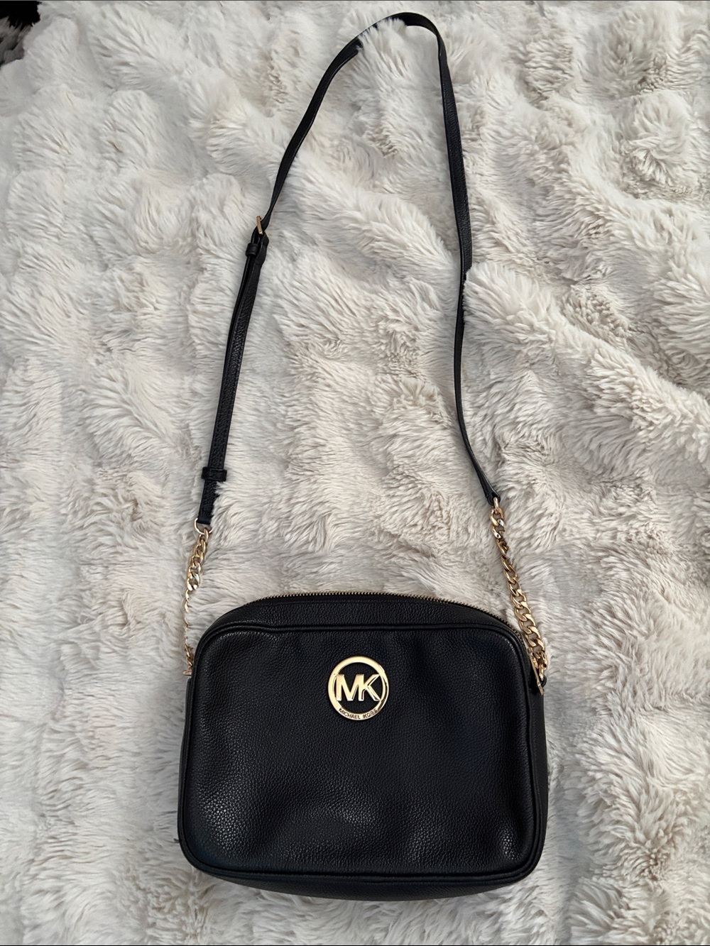 Michael Kors Black Pebbled Leather Crossbody with Gold MK Logo